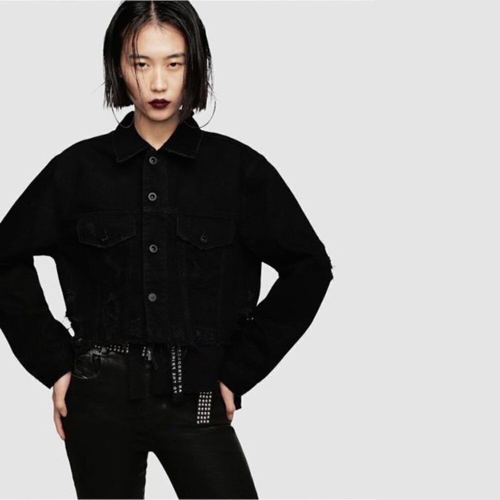 NWT Diesel black denim distressed cropped jacket, L - Picture 3 of 7